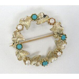 Vintage Leaf Brooch 1" Round Gold Tone Imitation Pearls Turquoise Accents